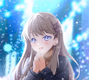 1girl :d absurdres black_coat blue_background blurry blurry_background brown_hair brown_scarf coat commentary fujishima_megumi hasu_no_sora_school_uniform highres kujo_awenn link!_like!_love_live! long_sleeves looking_at_viewer love_live! open_mouth outdoors portrait purple_eyes scarf school_uniform smile solo virtual_youtuber winter_uniform