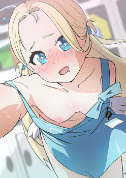 1girl absurdres apron blonde_hair blue_apron blue_archive blue_eyes blush breasts bright_pupils commentary_request cowboy_shot dot_nose forehead highres leaning_forward long_hair looking_at_viewer naked_apron nipples nose_blush open_mouth raised_inner_eyebrows robaatosonha shiny_skin short_hair small_breasts solo sora_(blue_archive) standing sweat white_pupils