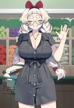 Rule 34 | 1girl, arched bangs, basket, black nails, black ribbon, black shirt, blush, bow, bow hairband, braid, braided twintails, breasts, cleavage, closed eyes, collared shirt, commentary, cowboy shot, fingernails, glasses, grin, hairband, hand up, highres, holding, holding basket, indoors, jewelry, large breasts, long fingernails, long hair, long shirt, looking at viewer, meg (wakamepiza), motion lines, necklace, original, red bow, red hairband, ribbon, round eyewear, semi-rimless eyewear, shirt, shopping basket, short eyebrows, short sleeves, smile, solo, standing, supermarket, thick eyebrows, twin braids, under-rim eyewear, untranslatable commentary, very long hair, waist ribbon, wakamepiza, waving, white hair