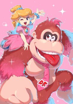 1girl ape blonde_hair blue_eyes blue_pants bracelet denim donkey_kong donkey_kong_(series) donkey_kong_bananza dress earrings gorilla hair_ornament highres jewelry long_hair looking_at_viewer mario_(series) necktie nintendo one_eye_closed open_mouth pants pink_background pink_dress pink_necktie ponytail princess_peach saiwo_(saiwoproject) short_sleeves simple_background smile sphere_earrings teeth tongue tongue_out
