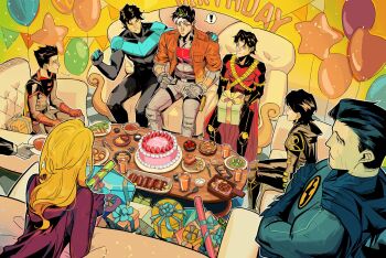 alfred_pennyworth balloon bat_signal batgirl batman batman_(series) batman_symbol black_bodysuit black_hair blue_eyes bodysuit bruce_wayne cassandra_cain commission cryinggyarados dc_comics dick_grayson family grey_bodysuit happy_birthday heart_balloon highres jason_todd multicolored_bodysuit muscular muscular_male nightwing red_hood_(dc) red_robin robin_(dc) sample_watermark second-party_source short_hair star_balloon stephanie_brown superhero_costume taut_bodysuit tim_drake two-tone_bodysuit watermark