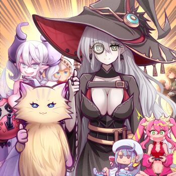 1girl akisame_rizu black_dress black_hat body_fur border breasts brown_fur cat cleavage cowboy_shot diabellstar_the_black_witch dress duel_monster grey_eyes grey_hair hat ki-sikil_(yu-gi-oh!) knight_(yu-gi-oh!) large_breasts lil-la_(yu-gi-oh!) live_twin_ki-sikil live_twin_lil-la long_hair lovely_labrynth_of_the_silver_castle monocle official_alternate_costume shadow_puppet standing thumbs_up very_long_hair white_border witch witch_hat yu-gi-oh!