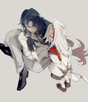 2boys aged_down alternate_costume arms_behind_back black_gloves blade_(honkai:_star_rail) blue_hair cat from_above from_behind full_body gloves highres holding honkai:_star_rail honkai_(series) jing_yuan long_hair looking_at_another male_focus mississipping multiple_boys pants parted_bangs ponytail red_ribbon ribbon simple_background sitting white_hair