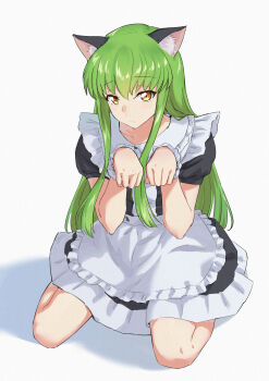 1girl absurdres alternate_costume animal_ear_fluff animal_ears apron black_dress blush c.c. cat_ears cat_girl closed_mouth code_geass commentary dress enmaided green_hair hair_between_eyes highres kneeling long_hair looking_at_viewer maid paw_pose short_sleeves simple_background solo summer_left very_long_hair white_apron white_background yellow_eyes