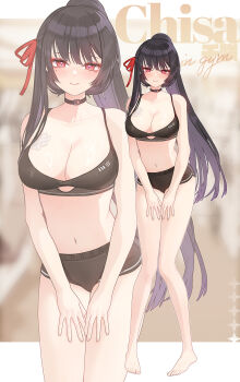 1girl alternate_costume alternate_hairstyle apple_caramel bandage_on_chest bare_legs bare_shoulders barefoot black_choker black_hair black_shorts black_sports_bra blush breasts character_name chisa_(wuthering_waves) choker cleavage closed_mouth collarbone commentary english_commentary english_text feet hair_ribbon highres knees_together_feet_apart large_breasts leaning_forward long_hair looking_at_viewer mole mole_under_eye navel ponytail red_eyes red_ribbon ribbon shorts smile sports_bra stomach thighs toes very_long_hair wuthering_waves zoom_layer