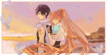 1boy 1girl absurdres ahoge antenna_hair arm_tattoo armor bird black_hair border brown_hair closed_eyes commentary_request cropped_jacket dove eiyuu_densetsu estelle_bright fingerless_gloves gloves gradient_sky hair_between_eyes hair_intakes highres joshua_bright long_hair outdoors pauldrons scarf short_hair short_sleeves shoulder_armor single_pauldron sky sora_no_kiseki tattoo twintails upper_body very_long_hair white_border white_scarf yazawa_yuki yellow_eyes