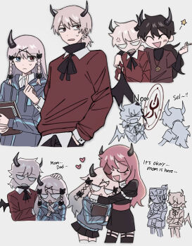 Rule 34 | 2girls, 3boys, :d, :o, ^ ^, belt, black bow, black bowtie, black dress, black horns, black pants, black skirt, black thighhighs, black wings, blank eyes, book, bow, bowtie, braid, braided sidelocks, brother and sister, cigarette, clenched teeth, closed eyes, closed mouth, collared shirt, commentary request, cropped legs, cropped torso, crossed arms, demon boy, demon girl, demon horns, demon wings, double-parted bangs, dress, dual persona, english text, family, father and daughter, father and son, friday night funkin', frilled sleeves, frills, garter straps, grey background, grey jacket, hair between eyes, hair bow, hair ornament, hand on another's shoulder, hands in pockets, hat, heart, holding, holding book, holding cigarette, hood, hood down, hooded jacket, horns, hugging book, hugging object, humanization, jacket, jewelry, juliet sleeves, kokococo924, long hair, long sleeves, looking at viewer, looking to the side, low ponytail, middle finger, miniskirt, mother and daughter, mother and son, multiple boys, multiple girls, necklace, open mouth, pants, pencil dress, pink belt, pink hair, pleated skirt, ponytail, puffy long sleeves, puffy sleeves, rasazy (friday night funkin'), red eyes, red sweater, ruvyzvat (friday night funkin'), sarvente (friday night funkin'), selever (friday night funkin'), shirt, short dress, short hair, short ponytail, siblings, simple background, single horn, skirt, smile, standing, star (symbol), sweatdrop, sweater, teeth, thighhighs, u u, ushanka, very long hair, white thighhighs, wings, x hair ornament, zettai ryouiki