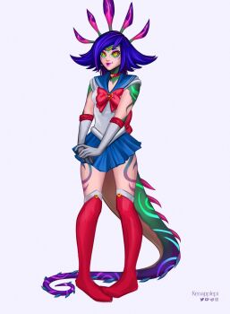 1girl absurdres artist_name bare_shoulders barefoot bishoujo_senshi_sailor_moon blue_hair blue_sailor_collar blue_skirt boots bow bowtie collarbone colored_skin cosplay english_text flipped_hair green_skin grey_background highres kenapplepi league_of_legends multicolored_hair navel neeko_(league_of_legends) own_hands_together pink_hair pink_skin pleated_skirt purple_skin red_boots red_bow red_bowtie sailor_collar sailor_moon sailor_moon_(cosplay) shirt simple_background skirt slit_pupils smile solo stomach thigh_boots two-tone_hair white_shirt yellow_eyes