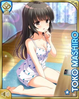 1girl bare_legs barefoot bed bedroom black_hair card_(medium) character_name collarbone day girlfriend_(kari) grey_eyes hair_ribbon indoors mashiro_toko official_art open_mouth qp:flapper ribbon shirt shorts shy sitting sleepwear tagme tank_top white_shirt white_shorts wooden_floor