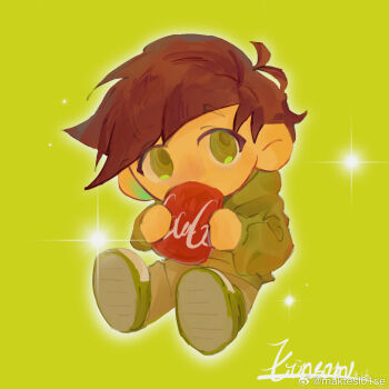 1boy animification antenna_hair brown_hair brown_pants can chibi chibi_only chinese_commentary cola commentary_request drink drink_can edd_(eddsworld) eddsworld green_background green_eyes green_hoodie green_shoes holding holding_can holding_drink hood hood_down hoodie maktesl01se male_focus pants shoes short_hair sitting solo sparkle watermark weibo_username weibo_watermark