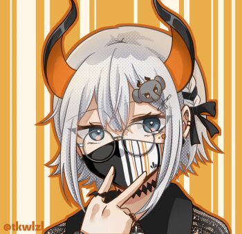 blue_eyes bow choker commentary_request earrings facial_mark glasses hair_ornament hairclip horns jewelry levi_elipha mask nijisanji piercing ring solo v white_hair