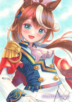 Rule 34 | 1girl, absurdres, animal ears, ascot, blue eyes, blush, bow, breasts, brown hair, buttons, cape, double-breasted, ear bow, ear ornament, ear ribbon, epaulettes, gloves, hair between eyes, high ponytail, highres, horse ears, horse girl, jacket, long hair, long sleeves, looking at viewer, marker (medium), mimikuro, multicolored hair, multicolored jacket, open mouth, pink ascot, ponytail, red cape, single epaulette, skirt, smile, solo, streaked hair, tokai teio (peak joy) (umamusume), tokai teio (umamusume), traditional media, two-tone hair, two-tone jacket, umamusume, upper body, white gloves, white hair, white jacket, white skirt