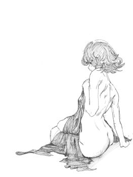 ass bare_shoulders blush covered_erect_nipples dimples_of_venus greyscale highres median_furrow monochrome nude on_floor one-punch_man shoulder_blades sitting tatsumaki white_background