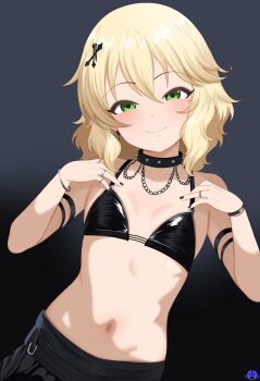 1girl absurdres armlet bad_tag bare_shoulders black_background black_choker black_nails blonde_hair blush bra bracelet choker closed_mouth collar collarbone female_focus fingernails flat_chest goth_fashion gradient_background green_eyes hair_between_eyes hair_ornament hairclip highres idolmaster idolmaster_cinderella_girls idolmaster_cinderella_girls_u149 jewelry loli long_hair looking_at_viewer mrhunking nail_polish navel ring sakurai_momoka short_hair simple_background skirt smile solo spiked_collar spikes standing stomach swimsuit underwear upper_body wavy_hair x_hair_ornament