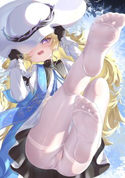 1girl absurdres black_bow black_collar black_gloves blonde_hair blue_sash bow cameltoe collar embarrassed feet foot_focus gloves hand_on_own_hat hat highres legs_up long_hair looking_at_viewer no_panties no_shoes open_mouth pantyhose phoebe_(wuthering_waves) purple_eyes revision sash skirt soles striped_bow toes white_hat white_pantyhose white_skirt wuthering_waves yyfuu