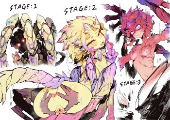 1girl anus armpits ass breasts colored_skin glowing glowing_eyes highres karasu_raven looking_at_viewer looking_back monster_girl monster_hunter:_world monster_hunter_(series) nipples nude personification purple_eyes pussy pussy_juice sequential shara_ishvalda small_breasts spread_anus spread_pussy sweatdrop tail uncensored wings yellow_skin