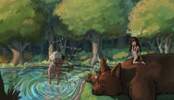 3boys alluka_zoldyck black_hair brown_fur completely_nude english_text erection gon_freecss highres hug hug_from_behind hunter_x_hunter killua_zoldyck lake laughing male_focus mike_(hunter_x_hunter) multiple_boys nude outdoors pears_(pears_pears) penis shota skinny_dipping sleeping smile spiked_hair splashing tree water white_hair