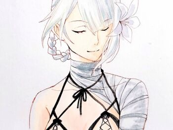 Rule 34 | 1girl, asymmetrical bangs, bandaged arm, bandaged neck, bandages, braid, braided hair rings, closed eyes, closed mouth, collarbone, commentary request, flower, grn tea lat, hair flower, hair ornament, hair rings, kaine (nier), nier, nier (series), simple background, smile, solo, upper body, white background, white flower, white hair