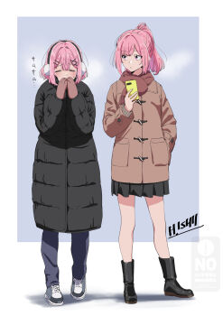 Rule 34 | 2girls, = =, amaori haruna, amaori renako, artist name, black boots, black coat, blue background, blue pants, boots, breath, brown coat, brown scarf, cellphone, coat, cold, commentary request, covering own mouth, down jacket, duffel coat, full body, grey shoes, hand in pocket, highres, holding, holding phone, ishii hisao, jacket, looking at another, looking to the side, mittens, multiple girls, pants, phone, pink hair, ponytail, purple eyes, scarf, shoes, siblings, signature, sisters, smartphone, sneakers, standing, sweater, watashi ga koibito ni nareru wake naijan murimuri!, watermark, winter clothes