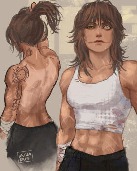 1girl adjusting_hair antlergrave arm_tattoo artist_name back bandaged_arm bandages black_pants breasts brown_hair clock clockwork_(creepypasta) closed_mouth collarbone commentary creepypasta english_commentary face_piercing facial_scar from_behind glasgow_smile green_eyes grey_background halftone highres medium_hair multiple_views neck_tattoo nose_piercing pants piercing realistic scar scar_on_arm scar_on_cheek scar_on_face scar_on_neck scar_on_stomach simple_background small_breasts stitched_mouth stitches tan tank_top tanline tattoo toned toned_female topless_female upper_body white_tank_top