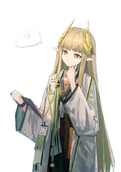 1girl ? absurdres arknights black_dress brown_hair chinese_commentary clipboard coat commentary_request dress head_tilt highres holding holding_clipboard holding_pen id_card infection_monitor_(arknights) lab_coat laurels long_hair long_sleeves mole mole_under_eye muelsyse_(arknights) nian962464 pen pointy_ears red_eyes simple_background solo speech_bubble spoken_question_mark upper_body very_long_hair white_background white_coat