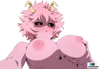 1girl artist_name ashido_mina black_sclera boku_no_hero_academia breasts colored_sclera colored_skin grabbing_own_breast horns large_breasts light_blush nipples nude pink_hair pink_skin pixiv_logo short_hair simple_background solo sweat tsuranukko twitter_logo white_background yellow_eyes yellow_horns
