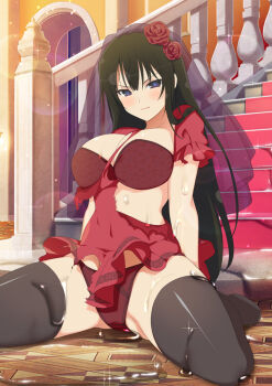 1girl angry arch banister black_eyes black_hair black_thighhighs black_veil blue_pupils blush bra breasts cleavage collarbone dress flower gluteal_fold hair_flower hair_ornament kagura_(senran_kagura) large_breasts lens_flare light_particles long_hair looking_at_viewer official_art panties puffy_short_sleeves puffy_sleeves red_bra red_dress red_flower red_panties red_rose rose senran_kagura senran_kagura_new_wave shiny_skin short_sleeves sitting solo sparkle stairs suggestive_fluid symbol-shaped_pupils thighhighs torn_clothes torn_dress underwear veil very_long_hair wariza wet