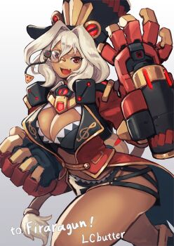 1girl black_bustier breasts bustier cleavage coat cosmic_break dark-skinned_female dark_skin fang flareleon gauntlets hair_between_eyes hat highres large_breasts lc_butter long_sleeves looking_at_viewer mecha_musume midriff monocle open_clothes open_mouth red_coat red_eyes smile tailcoat top_hat white_hair