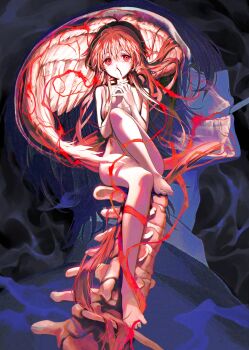 1boy 1girl absurdres angel_wings blood breasts brown_hair completely_nude formal_clothes full_body highres hitomi_hirosuke_(sayonara_wo_oshiete) long_hair looking_at_viewer nosebleed nude own_hands_together ppru red_eyes sayonara_wo_oshiete small_breasts spine sugamo_mutsuki suit surreal teeth wings x-ray