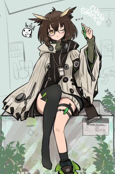 ... 1girl ahoge ankle_socks anklet arknights asymmetrical_legwear bird_girl black_jacket black_socks black_thighhighs breasts bright_pupils brown_hair buttons character_name commentary emoji english_text feather_hair foot_out_of_frame glasses green_sweater high_collar highres holding holding_test_tube id_card indoors infection_monitor_(arknights) jacket jewelry light_frown long_sleeves looking_at_viewer multicolored_jacket one_eye_closed owl_ears owl_girl rhine_lab_logo ribbed_sweater roika semi-rimless_eyewear silence_(arknights) single_thighhigh sitting small_breasts socks solo sweater terrarium test_tube thigh_strap thighhighs thinking_emoji turtleneck turtleneck_sweater two-tone_jacket under-rim_eyewear white_jacket white_pupils wide_sleeves yellow_eyes