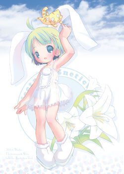 1girl absurdres boots dress flat_chest green_hair highres loli original panties pop_(electromagneticwave) see-through_clothes see-through_dress short_hair solo underwear white_boots white_dress white_panties