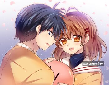 Rule 34 | 1boy, 1girl, antenna hair, artist name, black hair, black shirt, blazer, blue eyes, brown hair, brown shirt, clannad, commentary, english commentary, eye contact, falling petals, furukawa nagisa, gradient background, grey background, hair between eyes, hair ornament, hairclip, happy, heads together, hetero, hikarizaka private high school uniform, holding, holding stuffed toy, jacket, layered shirt, light blush, light particles, long hair, long sleeves, looking at another, okazaki tomoya, open mouth, orange eyes, outline, petals, pink outline, sailor collar, school uniform, serafuku, shirt, short hair, smile, stuffed toy, sweater, turtleneck, turtleneck shirt, upper body, watermark, white background, white sailor collar, white sweater, yellow jacket, yuyu (yuyupurinn)