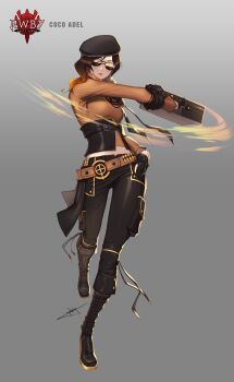 1girl belt black_boots black_gloves black_hat black_pants boots brown_belt brown_hair bullet character_name closed_mouth coco_adel commentary english_commentary full_body fur_trim gloves grey_background hand_on_own_hip hat highres holding holding_weapon jewelry motion_blur necklace official_art orange_sweater pants partially_fingerless_gloves rwby signature simple_background solo sunglasses sweater tinted_eyewear uyalago weapon