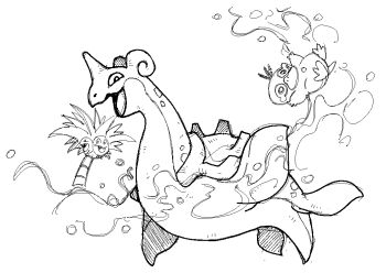 alolan_exeggutor alolan_form beak commentary english_commentary gen_1_pokemon gen_7_pokemon greyscale hatching_(texture) horns lapras looking_at_viewer monochrome nintendo nostrils open_mouth pokemon pokemon_(creature) pokemon_focus pr_quote psyduck single_horn smile tearing_up white_background