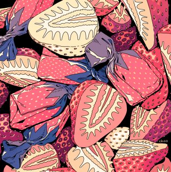 analogous_colors berry black_background candy cel_shading choo dessert food food_focus food_print fruit fruit_print highres no_humans original red_theme seed signature still_life strawberry strawberry_bon_bon strawberry_print strawberry_slice twisted white_strawberry wrapped_candy
