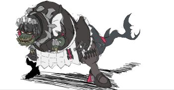 black_hair claws colored_inner_hair commentary_request cosplay deviljho dinosaur ellen_joe ellen_joe_(cosplay) fins fish_tail hair_ornament hairband highres hinata_(sangeki0822) maid maid_headdress metal_hairband metal_wrist_cuffs monster monster_hunter_(series) multicolored_hair pantyhose razor_blade_hair_ornament red_eyes red_hair shark_tail sharp_teeth short_hair simple_background solo spiked_headband spikes tail teeth two-tone_hair white_background zenless_zone_zero