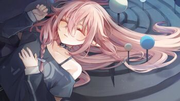 1girl black_collar black_shirt blush braid closed_eyes collar collarbone commentary dutch_angle hair_between_eyes hair_over_shoulder hair_spread_out hand_on_own_chest highres ia_(vocaloid) layered_sleeves light_particles long_hair long_pointy_ears long_sleeves lying model off-shoulder_shirt off_shoulder on_back outer_wilds parted_lips pink_hair pointy_ears sayonaka_megumo shirt short_over_long_sleeves short_sleeves sidelocks sleeping solar_system solo spaghetti_strap symbol-only_commentary twin_braids upper_body vocaloid