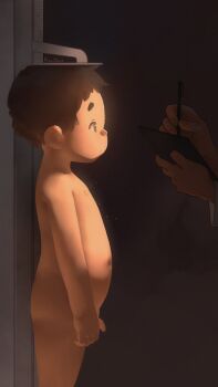 2boys absurdres brown_eyes brown_hair completely_nude flaccid flourianne from_side highres male_focus measuring multiple_boys nude original pen penis physical_examination short_hair shota small_penis solo_focus stadiometer very_short_hair writing