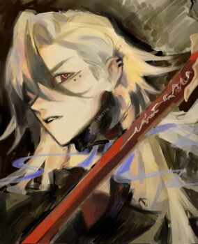 Rule 34 | 1boy, black hair, boothill (honkai: star rail), commentary, ear piercing, earrings, highres, honkai: star rail, honkai (series), inu11u, jewelry, looking back, looking to the side, male focus, multicolored hair, multiple earrings, parted hair, parted lips, piercing, red eyes, sideways glance, solo, sword, untranslatable commentary, upper body, weapon, white hair