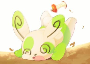 @_@ alternate_color apple apple_core commentary_request food fruit full_body gen_3_pokemon leftovers_(pokemon) nintendo no_humans omega_takai open_mouth pokemon pokemon_(creature) shiny_pokemon simple_background solo spinda spiral-only_eyes tripping white_background