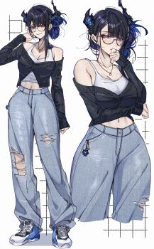 Rule 34 | 1girl, absurdres, alternate costume, alternate hairstyle, asymmetrical horns, black cardigan, black hair, blue hair, blue pants, blunt bangs, blush, breasts, bright pupils, cardigan, cleavage, closed mouth, colored inner hair, commentary, crop top, cropped cardigan, denim, earrings, english commentary, flower, fortissimo, full body, glasses, hair bun, hair ornament, hand up, highres, hololive, hololive english, horn flower, horns, jailbird (nerissa ravencroft), jeans, jewelry, keisea, large breasts, midriff, mole, mole under eye, multicolored hair, multiple views, musical note, musical note hair ornament, navel, necklace, nerissa ravencroft, pants, parted bangs, purple eyes, semi-rimless eyewear, shoes, short hair with long locks, single sidelock, sleeves past wrists, slit pupils, smile, sneakers, tank top, torn clothes, torn pants, uneven horns, virtual youtuber, white pupils, white tank top