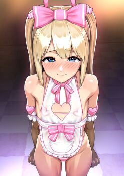 1girl apron blonde_hair blue_eyes blush bow breasts commentary_request dead_or_alive elbow_gloves embarrassed gloves hadacra hair_bow heart_pasties long_hair looking_at_viewer maebari marie_rose nose_blush pasties small_breasts solo twintails