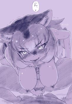 1boy 1girl :p animal_ear_fluff animal_ears assertive_female blush breasts breasts_apart cow_girl cowgirl_position dire_wolf_(kemono_friends) fangs female_pubic_hair fur_collar furrowed_brow girl_on_top glowing glowing_eyes guided_penetration hair_between_eyes hanging_breasts heavy_breathing hetero highres just_the_tip kemono_friends large_breasts leaning_forward long_hair looking_at_viewer lying masuyama_ryou medium_breasts multicolored_hair naughty_face navel nipples nude object_insertion open_mouth penis pov pubic_hair purple_theme pussy saliva sex smile solo_focus speech_bubble spread_legs squatting squatting_cowgirl_position straddling sweat tail talking tearing_up tears thighhighs tongue tongue_out torogao trembling uncensored vaginal wolf_ears wolf_girl wolf_tail