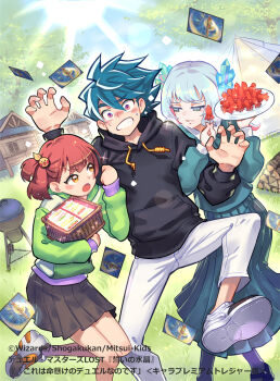 Rule 34 | 1boy, 2girls, aqua eyes, aqua sailor collar, aqua skirt, arm hug, black hoodie, black shoes, black skirt, blue hair, brown eyes, camping, clenched teeth, copyright notice, crysta (duel masters), duel masters, duel masters lost, firewood, food, food art, gem, green hoodie, hair ornament, holding, holding picnic basket, holding plate, hood, hoodie, katori niika, kinoshita kotetsu, kirifuda win, medium hair, multicolored hair, multicolored hoodie, multicolored shoes, multiple girls, official art, one side up, open mouth, outdoors, pants, picnic basket, pink hair, plate, pleated skirt, purple eyes, purple hoodie, purple socks, red hair, sailor collar, sandwich, shoe soles, shoes, short hair, skirt, socks, sparkle, standing, standing on one leg, sweatdrop, tako-san wiener, teeth, tent, trading card, white mouth, white pants, white shoes, yellow hoodie