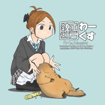 Rule 34 | 1girl, aqua background, barbell piercing, black sweater, brown eyes, brown hair, closed mouth, collared shirt, commentary request, corn, corn cob, dot nose, drop shadow, ear piercing, edo nishiki, full body, hair up, highres, industrial piercing, legs together, loafers, loose socks, marmot, necktie, original, overeating, parted bangs, piercing, plaid clothes, plaid skirt, pleated skirt, shirt, shoes, signature, skirt, socks, solo, spread fingers, squatting, striped necktie, stud piercings, sweater, watermark, white shirt