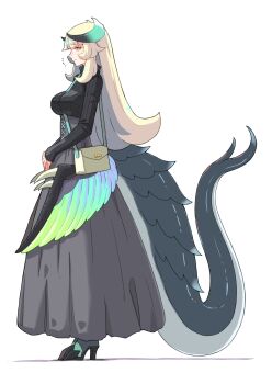 Rule 34 | 1girl, alternate costume, bag, black dress, breasts, chamber dragonmaid, commentary request, dragon girl, dragon horns, dragon tail, dragon wings, dress, duel monster, feathered wings, from side, full body, green eyes, hand on own stomach, high heels, highres, horns, large breasts, long hair, notice lines, shibumi, shoulder bag, simple background, smile, solo, tail, white background, white hair, wings, yu-gi-oh!