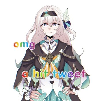Rule 34 | 1girl, akashicelegy, black hairband, black jacket, blue eyes, blue jacket, blue ribbon, bow, closed mouth, collared shirt, cowboy shot, cropped jacket, english text, firefly (honkai: star rail), grey hair, hair between eyes, hair bow, hair intakes, hair ribbon, hairband, hands on own hips, highres, honkai: star rail, honkai (series), jacket, long hair, long sleeves, looking at viewer, meme, neckerchief, omg a hit tweet (meme), orange neckerchief, rainbow text, ribbon, shirt, sidelocks, simple background, sleeveless, sleeveless shirt, smirk, solo, straight-on, two-sided fabric, two-sided jacket, white background, white bow, white shirt