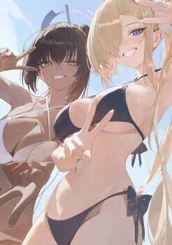 2girls asuna_(blue_archive) bare_shoulders bikini black_bikini black_hair blonde_hair blue_archive blue_eyes blue_sky blush breasts cleavage commentary_request dark-skinned_female dark_skin grin hair_over_one_eye halo highres karin_(blue_archive) large_breasts long_hair looking_at_viewer modare multiple_girls navel ponytail sky smile swimsuit very_long_hair white_bikini yellow_eyes