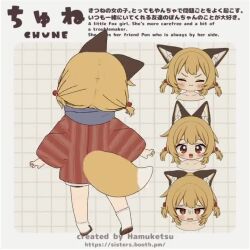 &gt;_&lt; 1girl 3d :3 animal_ear_fluff animal_ears animated artist_name bandaid bandaid_on_leg blonde_hair blue_scarf blush brown_eyes character_name character_profile closed_eyes english_text multiple_expressions fox_ears fox_girl fox_tail grid_background hamuketsu haori japanese_clothes looking_at_viewer looping_animation mixed-language_text original sandals scarf short_twintails shorts socks solo standing tail twintails video vrchat watermark web_address