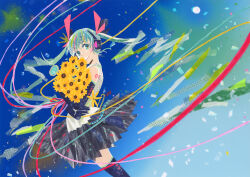 Rule 34 | 1girl, abstract, anniversary, aqua eyes, aqua hair, bouquet, check commentary, commentary request, cowboy shot, detached sleeves, dutch angle, elbow gloves, english text, flower, gloves, gradient background, grey shirt, grey skirt, hair ornament, hatsune miku, headphones, highres, holding, holding bouquet, holding flower, long hair, looking at viewer, masking tape (medium), multicolored hair, number tattoo, paint splatter, ribbon, ryono, shirt, signature, skirt, sleeveless, sleeveless shirt, smile, solo, sunflower, tattoo, thighhighs, traditional media, twintails, twitter username, very long hair, vocaloid, zettai ryouiki
